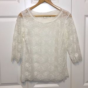 White Lace Top Small 3/4 Sleeve Blouse Sheer Raw Hem Lacy Shirt